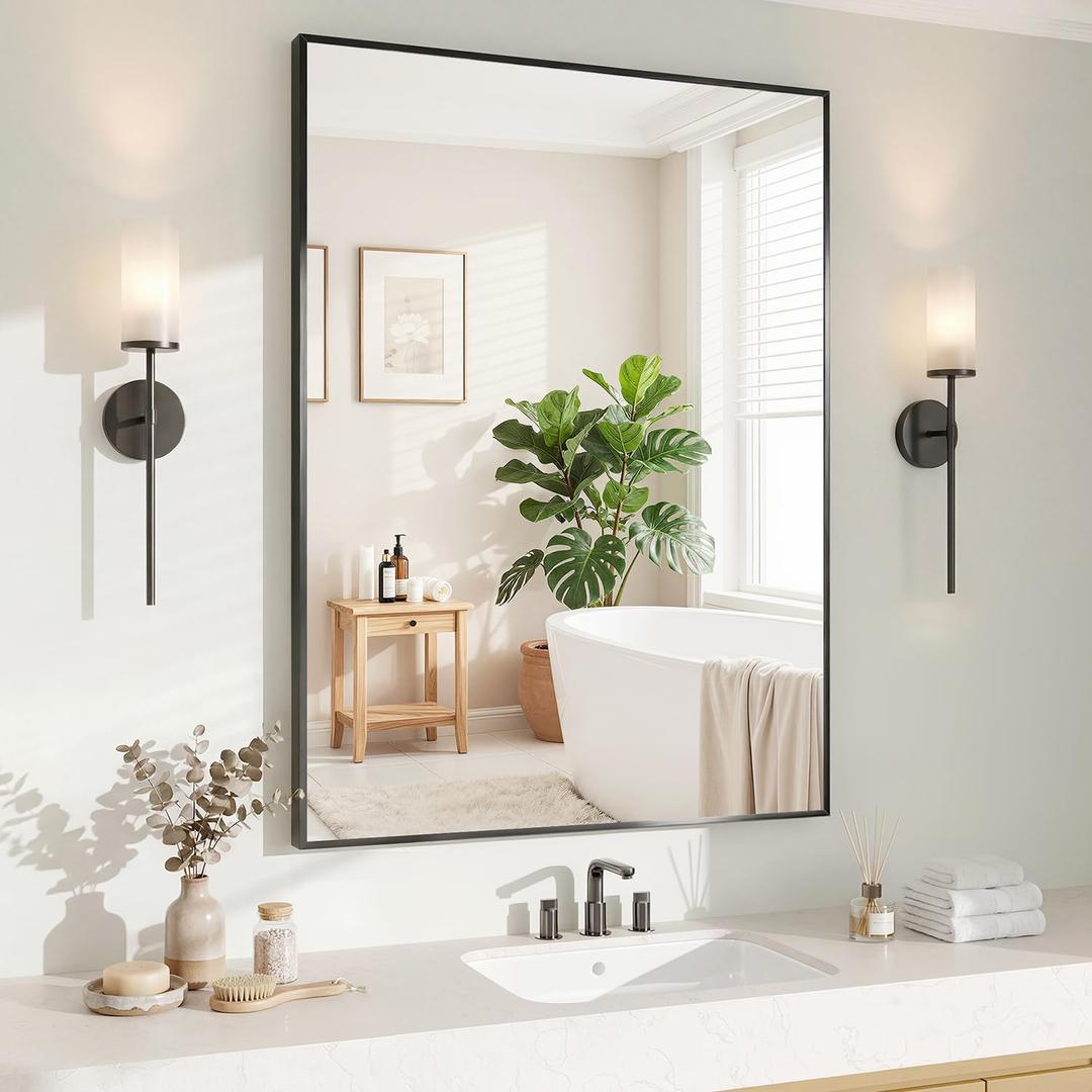 Koonmi Black Rectangle Wall Mirror, 24x32 Inch Bathroom Mirror, Aluminum Frame Vanity Mirror for Entryway, Living Room, Bedroom Bathroom, Hangs Horizontally or Vertically