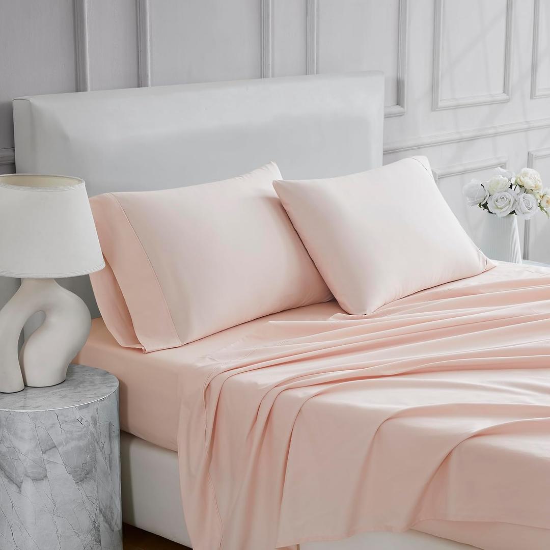 Linen Closet 4 Pcs 100% Cotton Full Size Sheets Set, Blush, 400 Thread Count, Percale Weave, Deep Pocket Fitted Sheet, Fits Up To 18" Mattress, Crisp & Cooling Bed Sheets for Home & Hotel Use