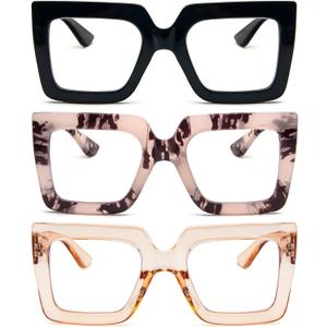 REAVEE 3 Pack Oversized Reading Glasses for Women Large Frame Extra Wide, Blue Light Blocking Stylish Thick Square Readers