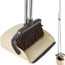 Broom and Dustpan Set, Dustpan Combo with 51" Stainless Steel Long Handle Brooms with 5-Layer Soft Bristles for Home Office Kitchen Bathroom(Beige)