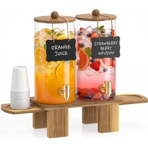 1.5 Gallon Drink Dispenser for Parties (2 Pack) - Glass Beverage Dispenser with Wood Stand, Stainless Steel Spigot & Coasters, Large Beverage Container for Hosting, BBQ, Lemonade, Juice & Iced Tea