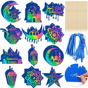 96 Pcs Eid Scratch Paper Art Kits Ramadan Magic Color Scratch Off Cards Hanging Ornaments Craft Eid Al Adha Party Home Activity DIY Drawing Project Supplies(Blue)