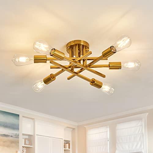 ASGYISA 6-Lights Semi Flush Mount Ceiling Light Fixture Gold Modern Matte Sputnik Chandelier Vintage Ceiling Lamp Farmhouse for Kitchen Bedroom Dining Room Living Room with E26 Bulb Base