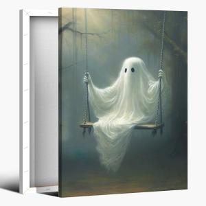 Vintage Halloween Wall Art Ghost On The Swing Poster Canvas print dark academia Room Decor Face Spooky Gothic for Halloween Party House Decor 8x12inch Framed (style-3)