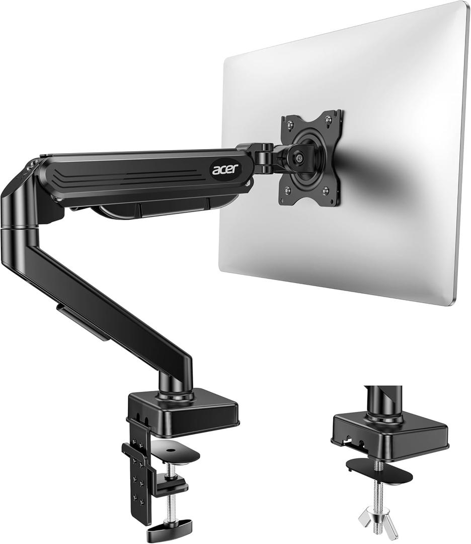 Acer Single Monitor Mount, Fully Adjustable Monitor Arm Fits 17 to 34 Inch Screens, Gas Spring VESA Mount with C-Clamp & Grommet Base, Computer Desk Arm with Tilt Swivel Rotate Supports 4.4-19.8 lbs