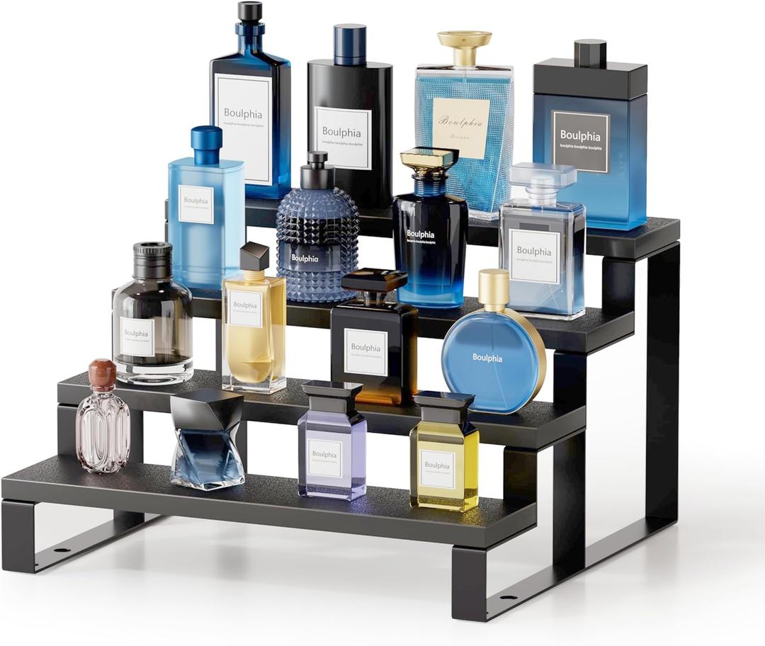 Cologne Organizer for Men, 12 Inch Wood Cologne Stand 4 Tier Perfume Organizer for Dresser, Versatile Step Display Stand Shelf for Fragrance, Skincare, Figurine, Dessert, 1 Set Black