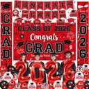 Graduation Decorations Class of 2026 - Red Graduation Party Supplies with Congrats Grad Backdrop & Banner, Hanging Swirls, Porch Sign, Balloons for High School & College Celebrations