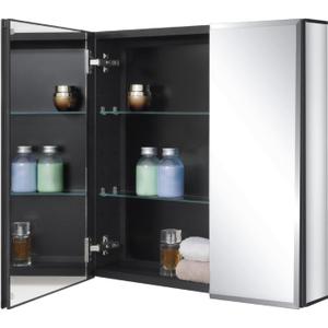 Fundin Black Aluminum Medicine Cabinet 24 x 24 Inch Recessed or Surface Mount, with Double Door and Adjustable Shelves., 24w X 24"h X 4.8"d