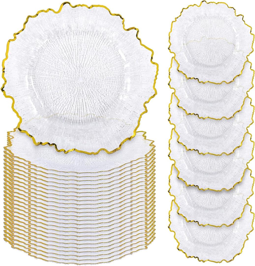 24 Pcs Clear Charger Plates Bulk, 13" Reef Plate Chargers for Dinner, Plastic Floral Decorative Plates for Table Setting, Wedding, Party, Event, Decoration
