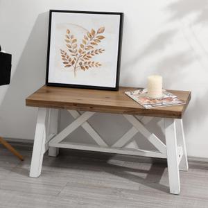 Wnutrees 30" Farmhouse Wood Bench, Rustic Solid Wood Entryway Bench Seat with Double X-Structure for Dining Room, Living Room, Hallway, Structural Stability, White