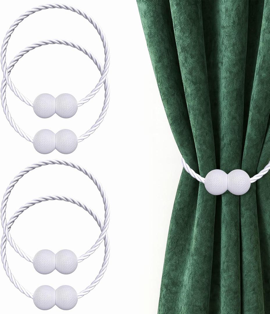 Hion Magnetic Curtain Tiebacks White 4 Pack, Curtain Tiebacks Buckles Holdbacks Holders Hooks Clip for Home Bedroom Office Decorative Thick or Thin Curtain