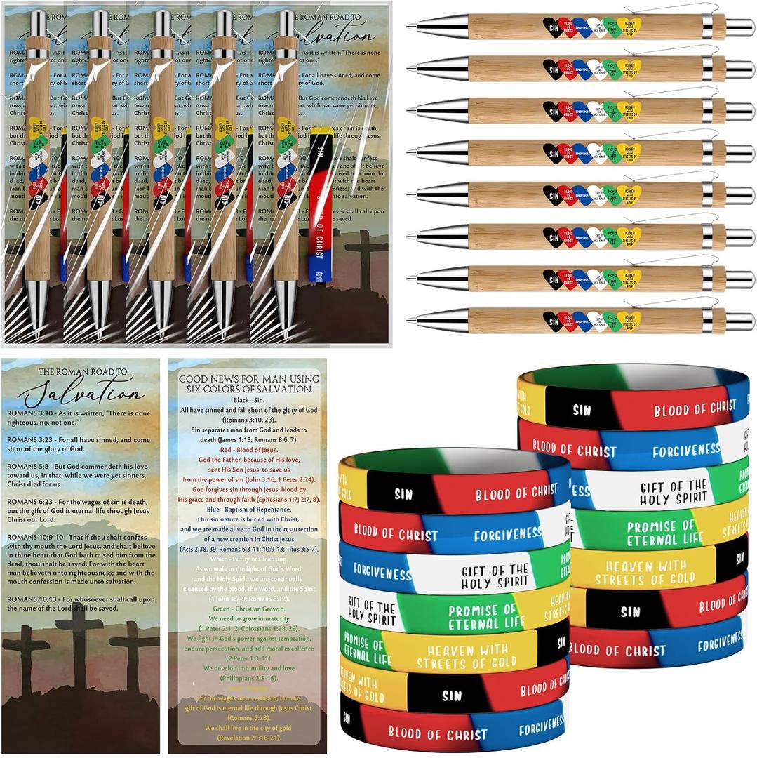 Sayglossy 36 Sets/144 Pcs Father's Day Christian Gifts for Men Bulk Religious Gift Set with Bible Verse Pens Salvation Silicone Bracelets Roman Road Cards for Dad Pastor Church Ministry (Bamboo)