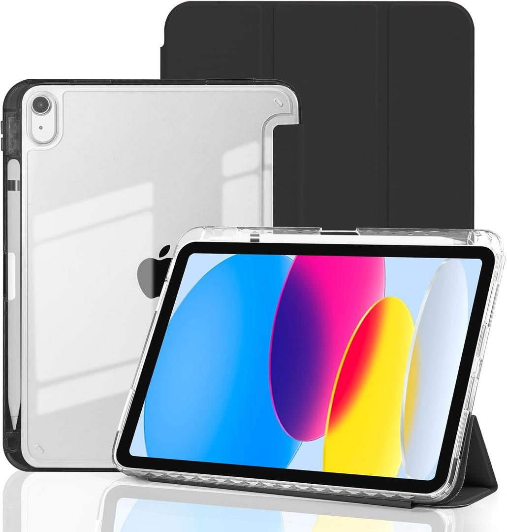 Case for iPad A16 11th Generation 11 Inch 2025, iPad 10th Generation 10.9 Inch 2022, Hybrid Protective Cover with Pencil Holder, Clear Transparent Back Shell Anti-Yellowing Case, Black