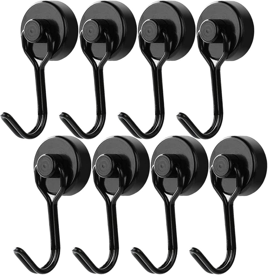 Donanim 8 Pack Magnetic Hooks, 30LBS Neodymium Heavy Duty Hook for Cruise Cabins Strong Black Magnets Hooks for Fridge, Refrigerator, Grill, Swivel Swing Hooks for Kitchen Tools Hanging