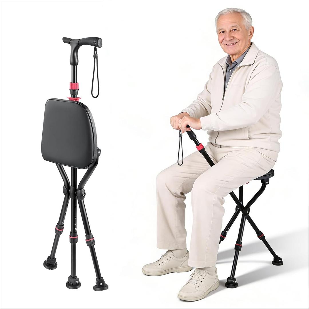 300-Pound Capacity Folding Cane with Seat, Adjustable Seat & Cane Height, Portable, Non-Slip Pads, Suitable for Middle-Aged & Senior Users, Daily Walking, Waiting in Line & Travel