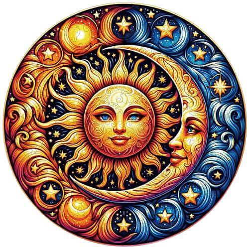 Sun and Moon Wooden Puzzles for Adults, 200pcs Wooden Jigsaw Puzzles for Adults, Sun and Moon Unique Shaped Jigsaw Puzzles Creative Gift for Friend Family Game Medium Size 10'' x 10''