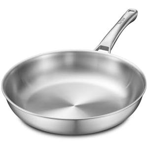 VocVoi 12 inch Tri-Ply Stainless Steel Pan,PFOA&PTFE Free Skillets,Chef's Pans,Dishwasher and Oven Safe Cookware, Works on Induction,Ceramic and Gas Cooktops