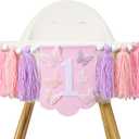 Butterfly 1st Birthday High Chair Banner - Fairy Pink and Purple Tassel, Spring Decoration for Girls (Highchair Banner)
