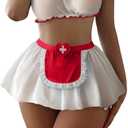 Foxiny Petite Sexy Stockings Mini Skirt Mesh Sheer Lace Halloween Costume Maid Outfit Lingerie with Thong Set 4 Piece Women Roleplay See Through Matching Bra Panty Underwear Red White X-Small