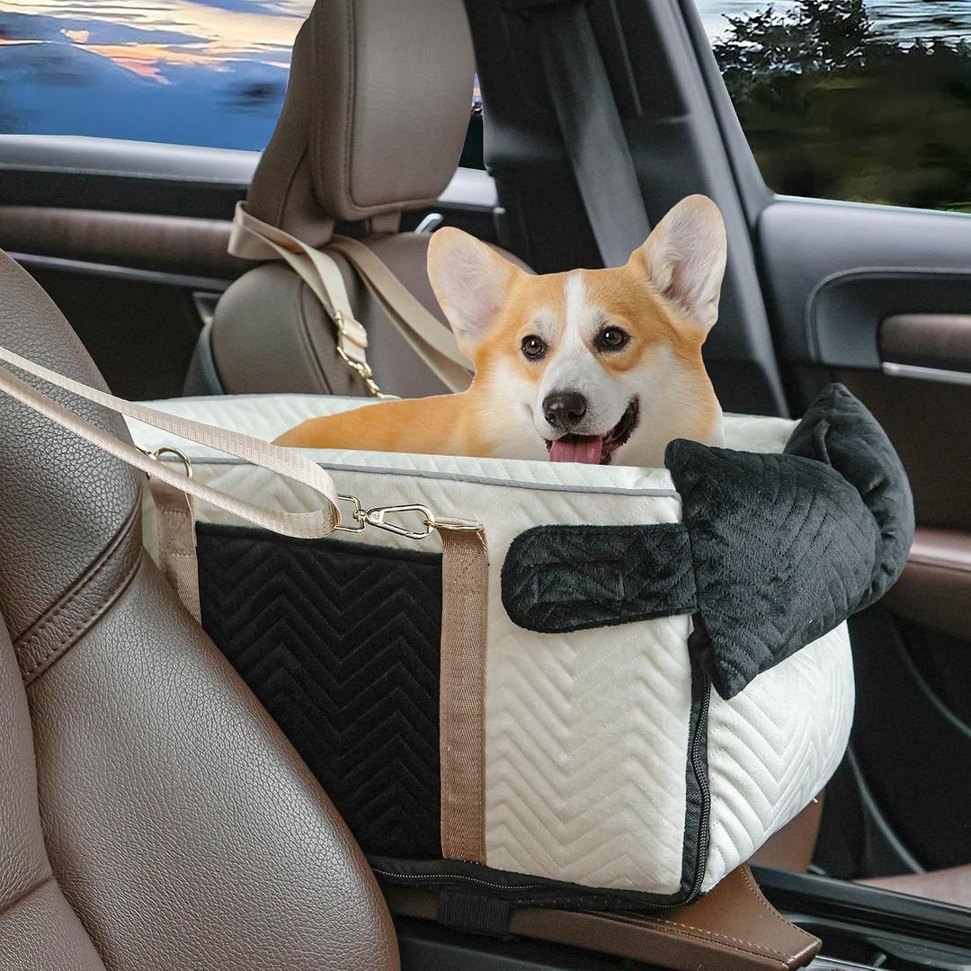 Dog Car Seat for Small Dogs Adjustable Portable Center Console Dog Car Seat Removable Cat Booster Cars Seats - Safety Belt with Cushion Anti-Collapse for Puppy Kitten Up to 15 Lb