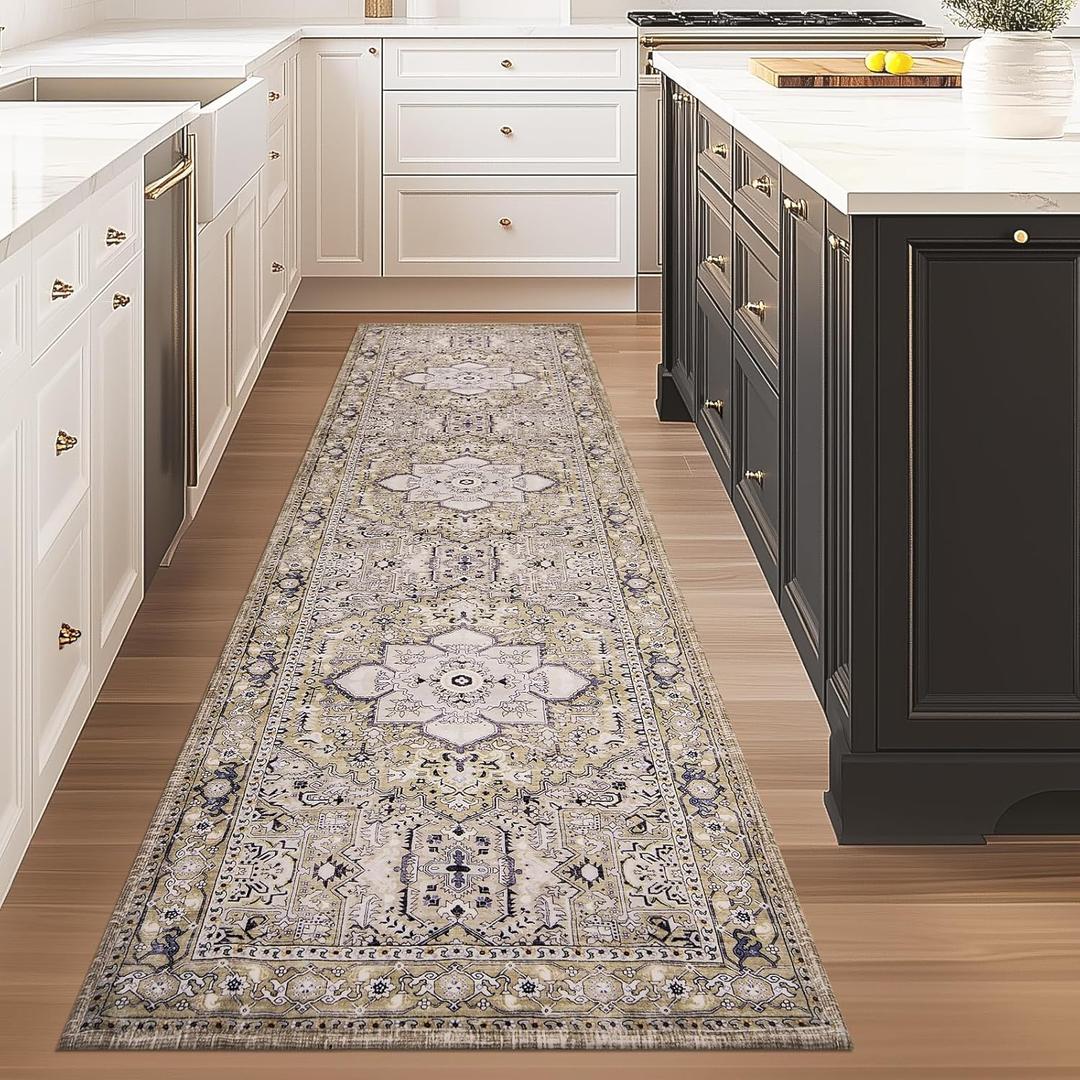 PURRUGS Vintage Farmhouse Boho Runner Rug 2x8 ft, Non-Slip Machine Washable Rug, Accent Oriental Area Rug for Kitchen, Hallway, Entryway, Bedroom, Living Room and Dining Room, Taupe/Vanilla