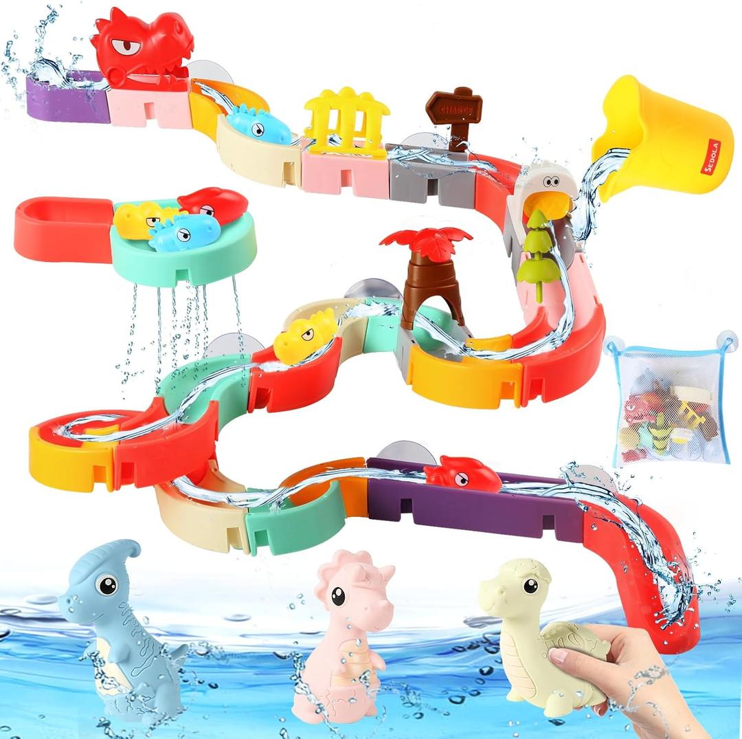 72 PCs Dinosaur Bath Toys for Kids Ages 4-8, Bathtub Water Slide Toys for Toddlers, DIY Building Set with Rubber Dino Bath Toys for Birthday Gifts