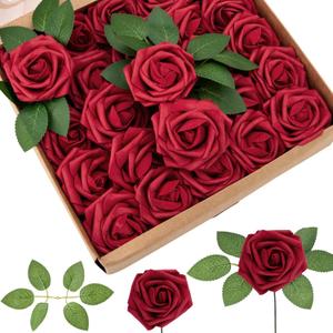 Cliselda 100Pcs Red Fake Roses Artificial Flowers with Stems, Valentine's Day Gifts, Real Touch Foam Rose Bulk Faux Flowers for Wedding Bouquets Centerpieces Flower Arrangement