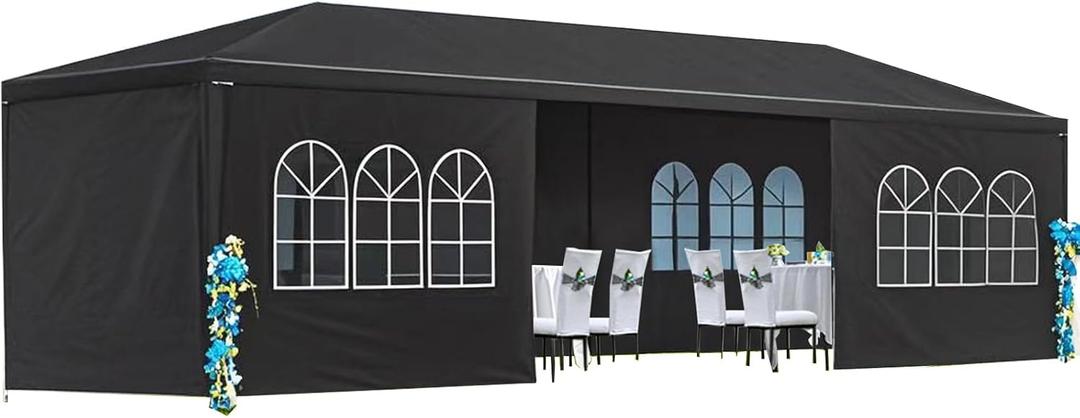 KEIKI 10x30ft Party Tent, Outdoor Canopy Tent Carport with 8 Removable Sidewalls, Wedding Event Shelter BBQ Wedding Tents for Parties, Carport, Camping, Garden, Patio, Black | with 8 Removable Sidewalls, Wedding Event Shelter BBQ Wedding Tents for Parties, Carport, Camping, Garden, Patio, Black