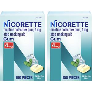 Nicorette Nicotine Gum Stop Smoking Aid, 4 mg, White Ice Mint Flavor - 100 Count (Pack of 2)