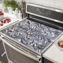 2D Flat Stove Top Cover Protector 28 x 20 Inch Silver Floral Scroll Medallion Design Electric Glass Cooktop Cover Reusable Kitchen Counter Mat Decorative Range Top
