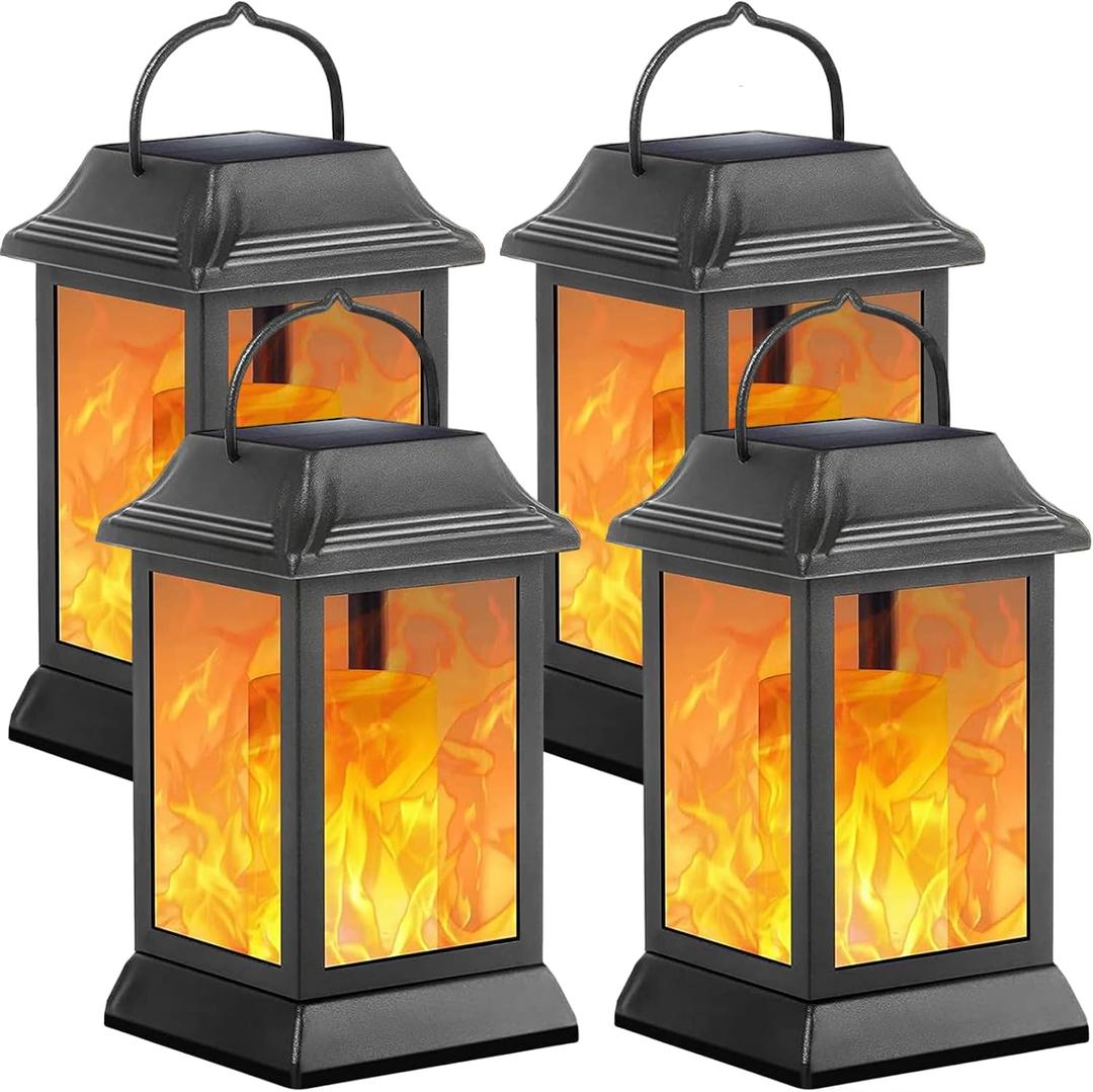TomCare Solar Lights Metal Flickering Flame Solar Lantern Outdoor Hanging Lanterns Decorative Lighting Heavy Duty Solar Powered Waterproof Umbrella Lighting for Garden Yard Patio Deck, 4 PackBlack