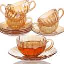 Glass Tea Cups and Saucers Set of 6, Glass Coffee Mugs with Stainless Steel Spoon, Dishwasher & Microwave Safe Teacups for Espresso Cappuccino Latte Tea Juice, 6OZ/180ML, Amber