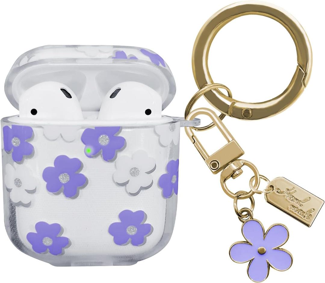 Compatible with AirPods Case Cover, Soft TPU Case with Cute Flower Pattern for AirPods 2&1 Generation Case with Pendant Keychain and Carabiner for Girls Women (Purple)