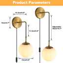 KUZZULL Wall Sconces Set of Two Plug in Wall Sconces Brushed Brass Gold Wall Lamp with Cord Wall Sconce Plug in with Globe White Glass Shade Sconces Set of 2 Wall Light Sconce