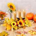 Thanksgiving Dining Table Centerpiece with 3 Wick Candle Holders Fall Candelabra Centerpiece Harvest Autumn Fall Decorations Holiday Candleabrum Decorated with Sunflower Blooms Pumpkin Maple Leaves