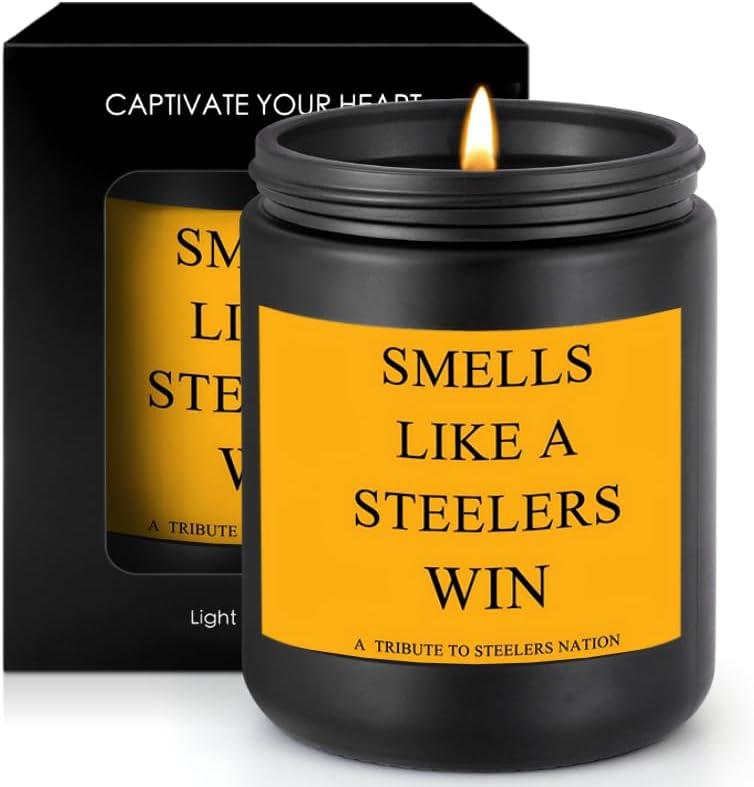 Smells Like A Steelers Win Scented Candle Football Themed Merch Fan Shop Men Women Sport Stuff Gear Decor Team Accessories Guy Him Brother Dad Friend Boyfriend Birthday Unique Cool Funny Gift