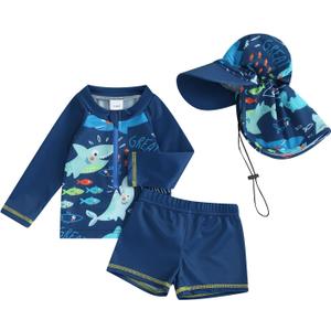 Baby Toddler Boys Swimsuit 3Pcs Set Rash Guard Swimsuits Shark Print Long Sleeve Zip Up Bathing Suit Swimwear Hat (Blue, 12-18 Months)