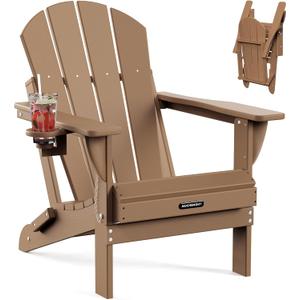 MUCHENGHY Folding Adirondack Chairs, Patio Chairs, Lawn Chairs, Outdoor Chair, Adirondack Chair Plastic, Fire Pit Chairs, Weather Resistant with Cup Holder for Deck, Backyard, Garden(Teak)