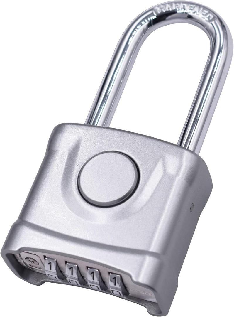 Heavy Duty Combination Lock Strong 4 Digit High Security Solid All Weather Combo Padlock Push Button Release Lock for Outdoor Garden Gate Gym Fence (One Touch Unlocking, Silver, Long Shackle)