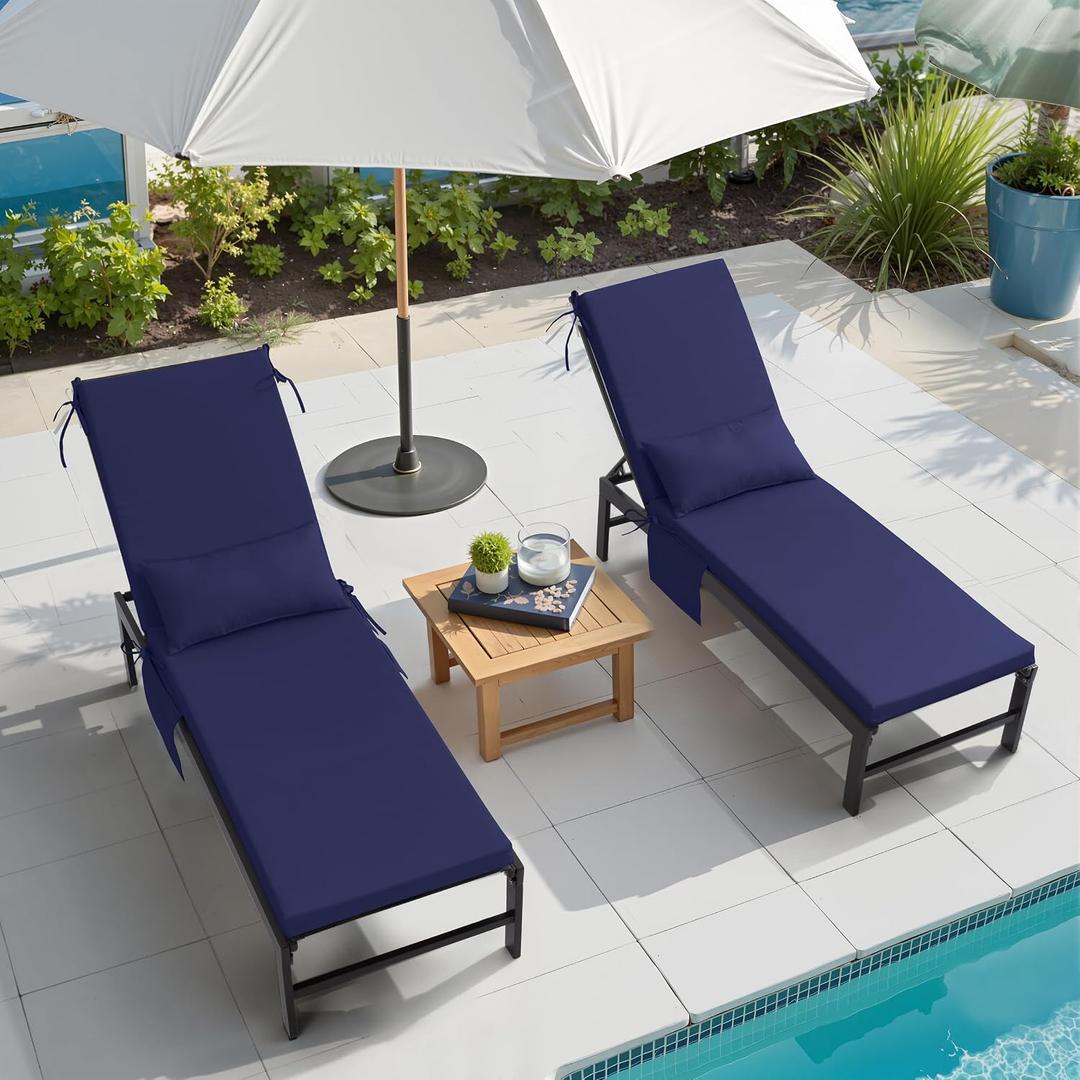 Outdoor Chaise Lounge Cushions with Head Pillow and Side Pockets, 3 Years Fade Resistant Water Resistant Lounge Chair Cushion, 72''L x 21''W, Set of 2, Navy