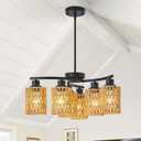 6-Light Black Chandelier, 6-Light Farmhouse Boho Rattan Chandelier Dining Room Light Fixtures Over Table, Hand-Woven Wicker Shade, Adjustable Height for Dining Room Kitchen Island, E26 Base