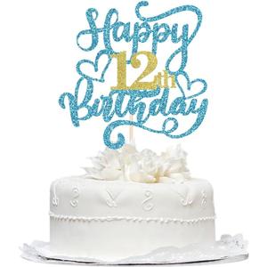 2 x 1 PCS Happy 12th Birthday Cake Topper, Blue Glitter Cheers to 12 Years Birthday Cake Pick 12th Fabulous Cake Decoration for 12th Birthday/Anniversary Party Cake Decorations Supplies