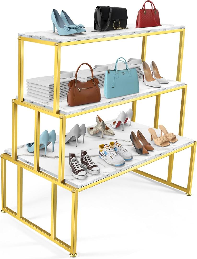 Metal Shoe Handbag Display Table，3 Tier Heavy Duty Risers Display Stands，Modern Standing Display Riser Shelf for Retail Stores Vendor Events, Iron and Wood, Gold