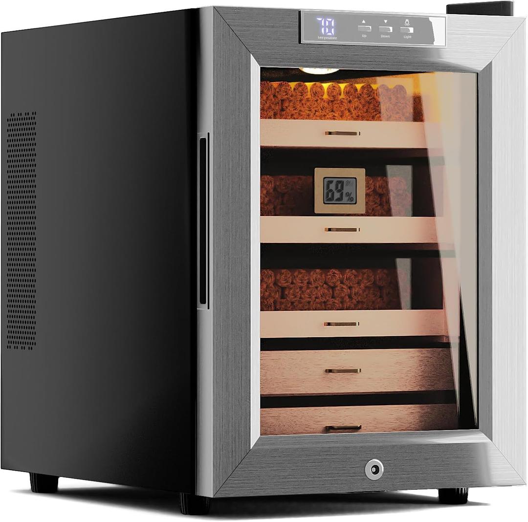 Woodronic Electric Humidor for 250 Cigars, 33L Cabinet with Temperature Control, Spanish Cedar Lined Drawers, Digital Hygrometer, Crystal Gel Humidifiers & Humidor Solution, Gift for Men (250 Count (Pack of 1), Stainless)
