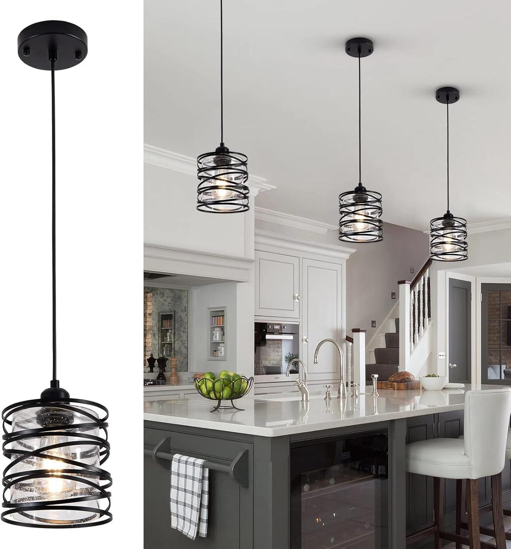 Black Mini Pendant Light Over Sink 1-Pack Modern Pendant Lighting Matte Black Spiral Cage Hand-Made Clear Seeded Glass Shade for Kitchen Island Dining Room Bedroom Foyer Hallway Bar
