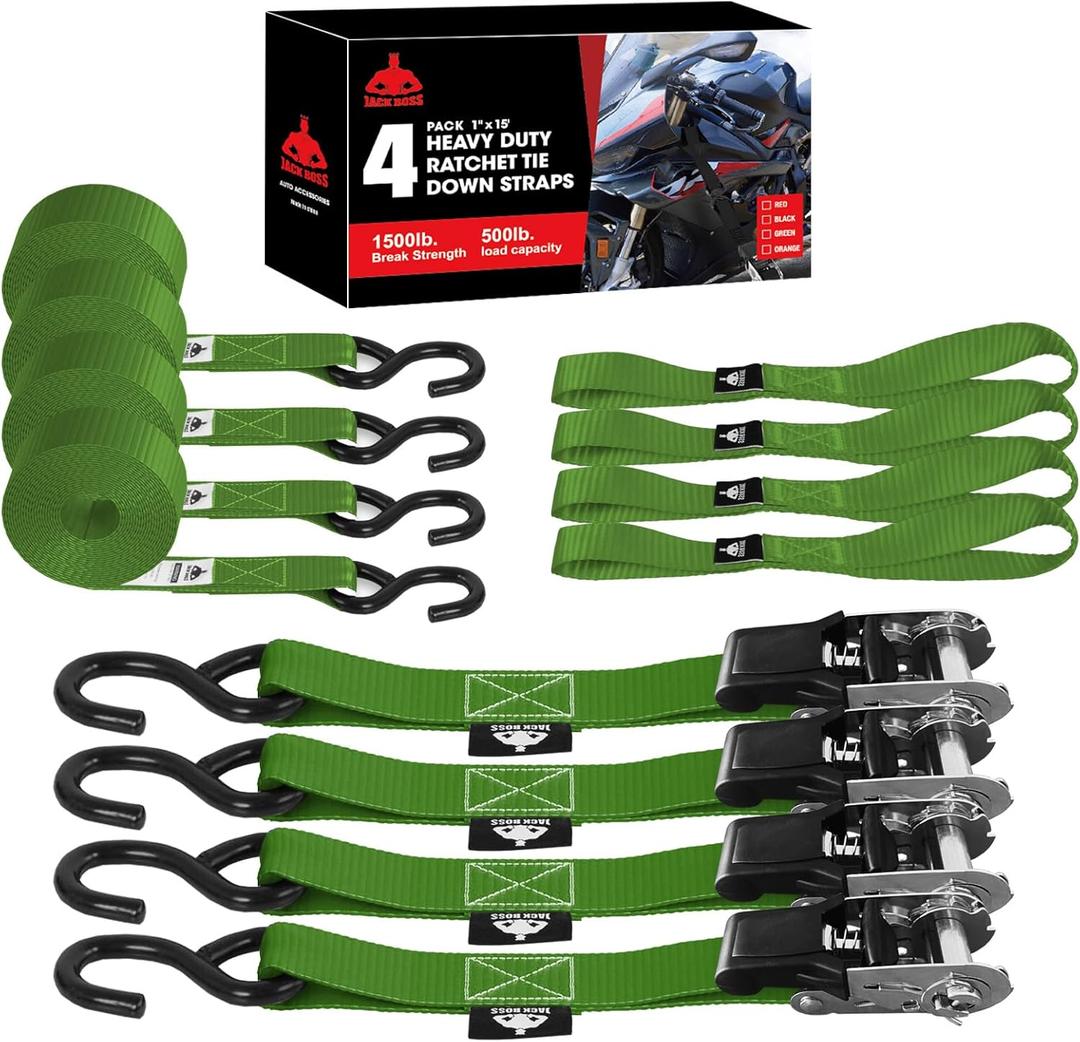 Ratchet Tie Down Straps Set, 1500 lbs Break Strength, 1" x 15' Heavy Duty Ratchet Straps with 4X Soft Loops Padded Handles Coated S Hook, Fits for Moving Appliances Motorcycle ATV Truck, Green