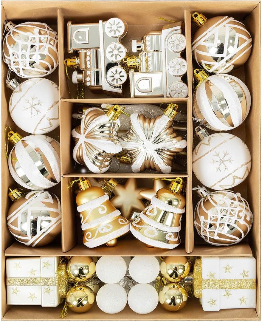 Christmas Ball Ornaments Set, 47ct 2.36 Inch Champagne Gold Assorted Xmas Tree Ball Ornaments, Shatterproof Christmas Tree Hanging Ornaments for Xmas Decoration