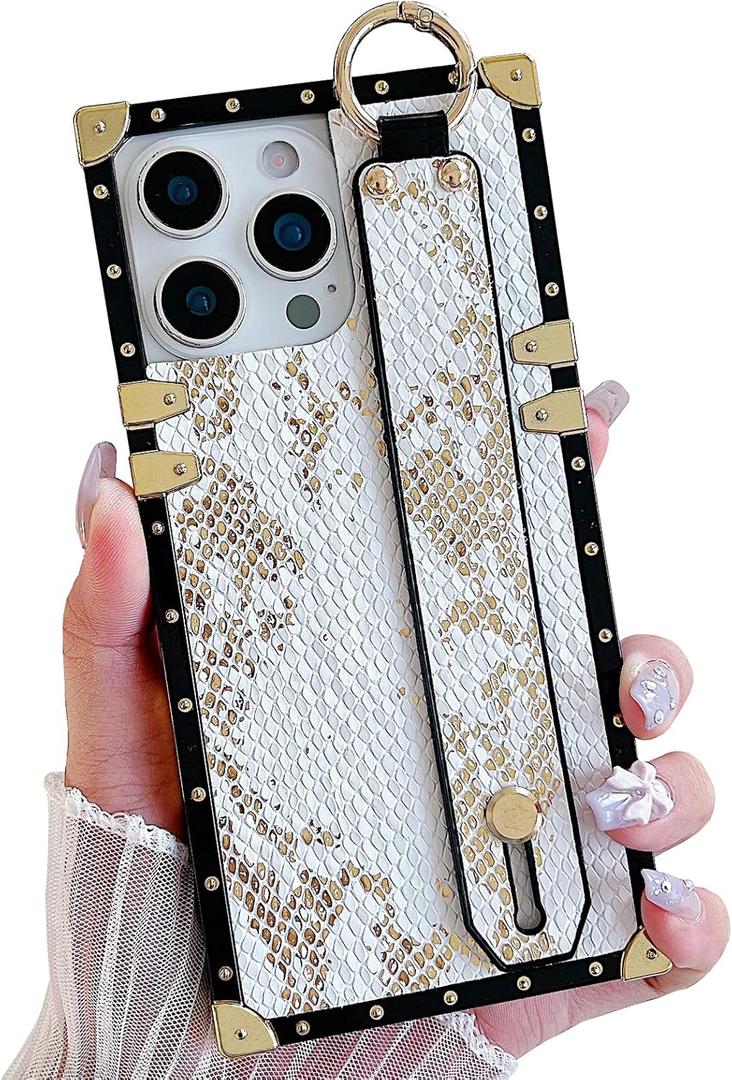 Compatible with iPhone 13 Pro Max Case Rectangle with Wrist Strap Kickstand Holder,Snake Skin PU Leather Luxury Designer Protective Phone Cover for Women Girls (White)