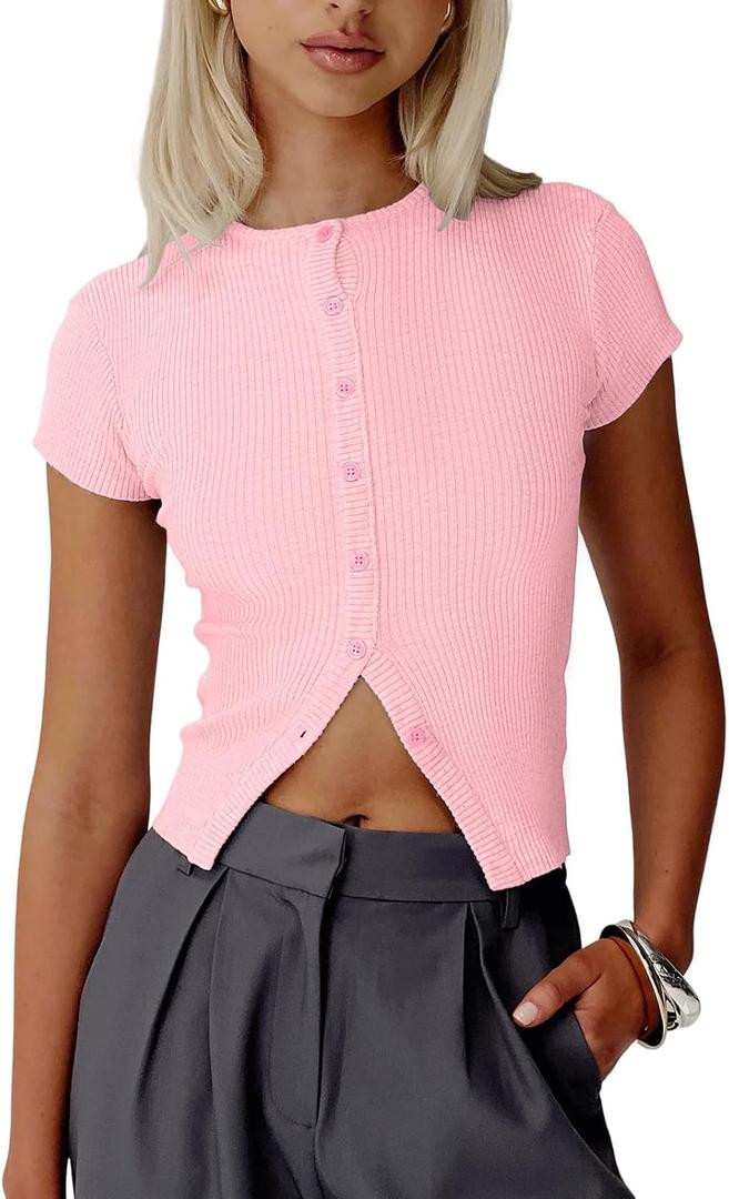 Womens Short Sleeve Sweater Tops Crew Neck Button Casual Summer Sweaters Ribbed Knit Cropped Cardigans (Pink, M)