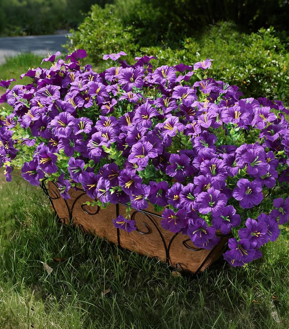Artificial Flowers for Outdoors Fake Plants Outside Decoration, 20 Bundles Purple Silk Petunia with Eucalyptus UV Resistant Realistic Faux Flowers for Outdoor Planters Garden Balcony Yard Porch Patio